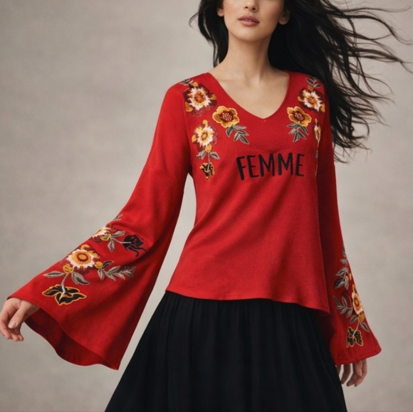 INC International Concepts Tops - Red Knit Floral Femme Embroidered V Neck Whimsigoth Bell Sleeves Top Sz M